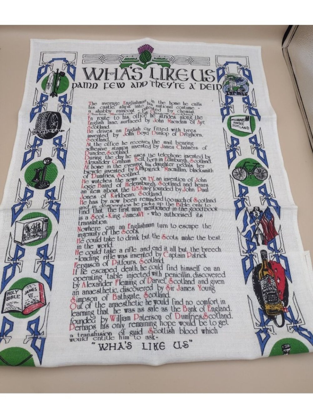 Scottish Pride Linen Cotton Tea Towel "Whas Like Us" Glasgow English